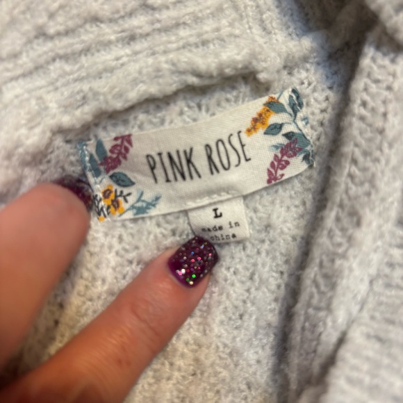 Pink Rose Sweater Large Cream Grey V-Neck Long Slvs Super Soft Hi-Low Side Slits - Picture 9 of 13